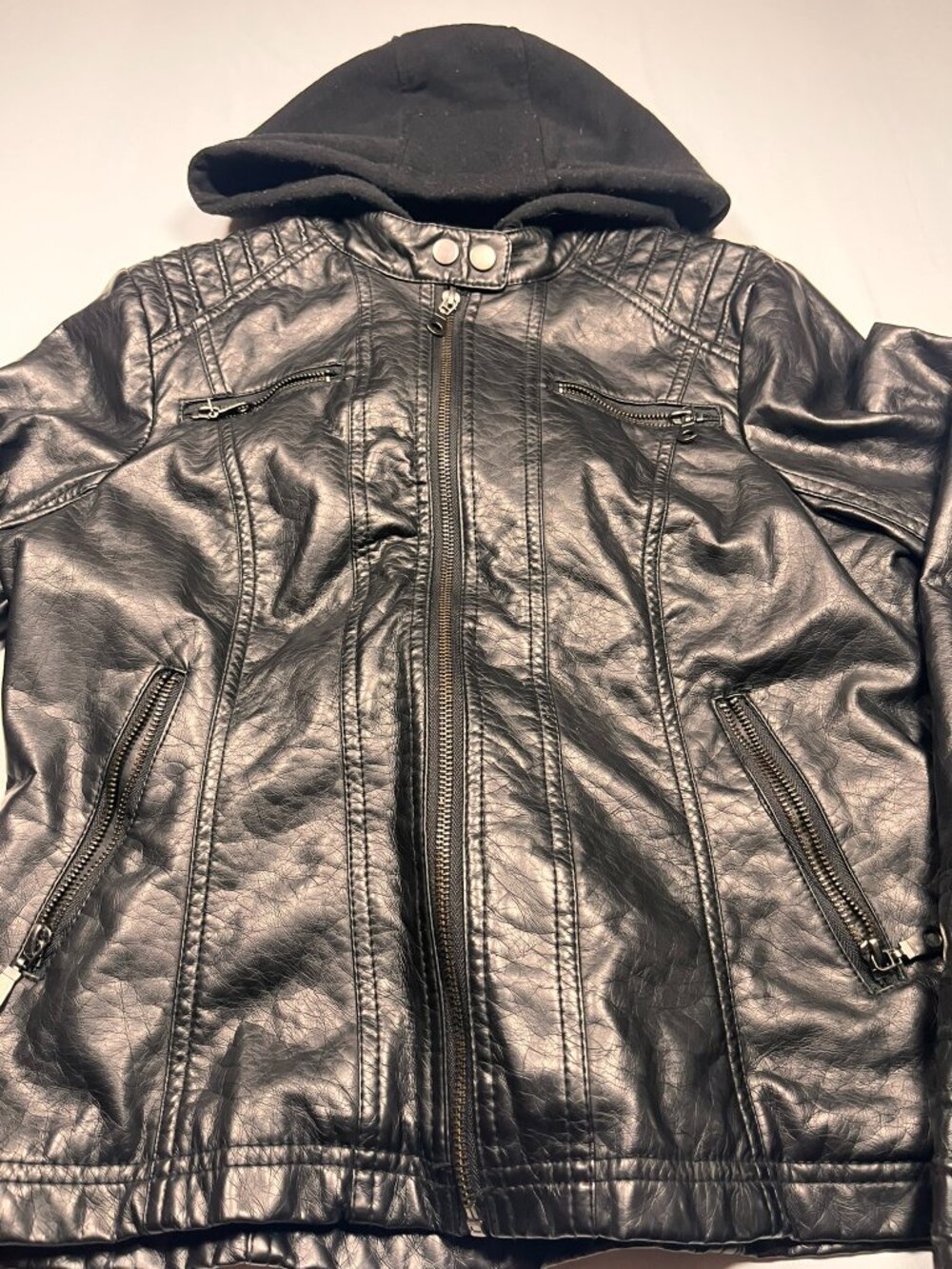 Maralyn & Me Black Faux Leather Hooded Moto Jacket M Quilted Biker Coat Y2K - Picture 4 of 10